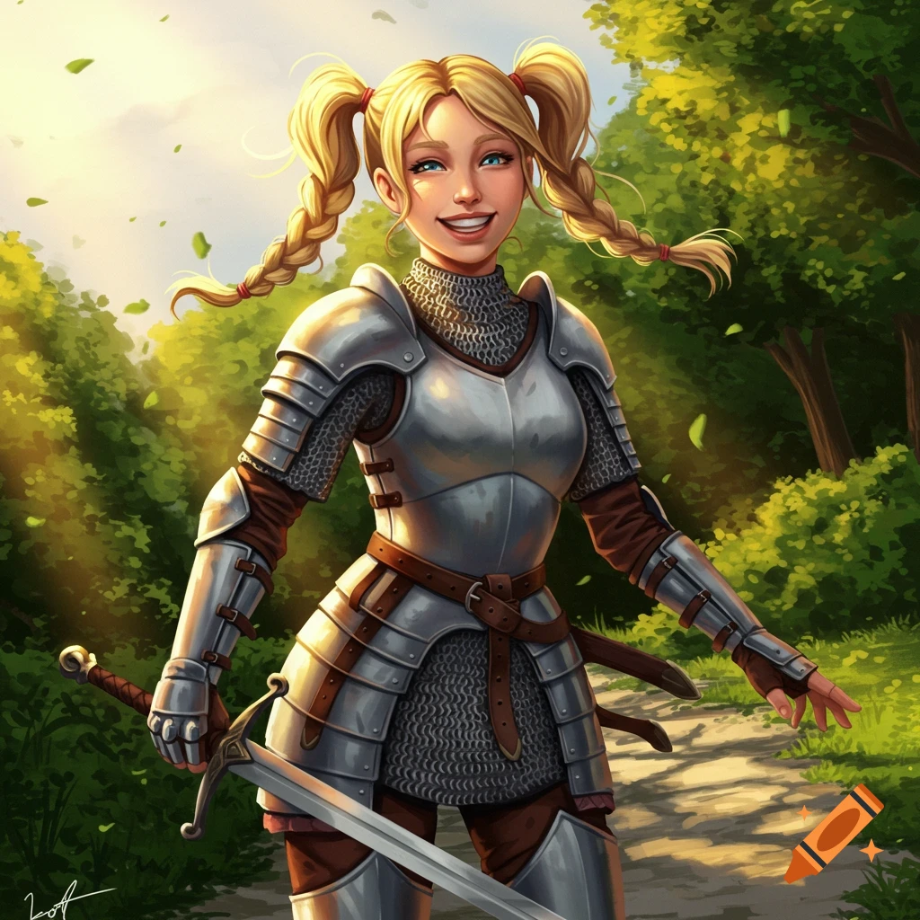 Smiling blonde knight in full armor and pigtails walks on a sunlit forest path, holding a sword, in a fantasy illustration.