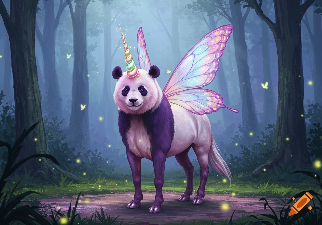 A fantastical creature with a panda head, rainbow unicorn horn, purple horse body, and iridescent butterfly wings stands in a magical forest.