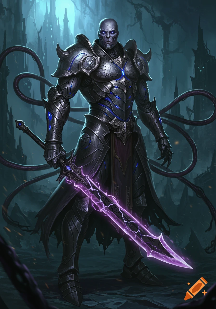 A full-body illustration of an android knight in dark, glowing armor ...