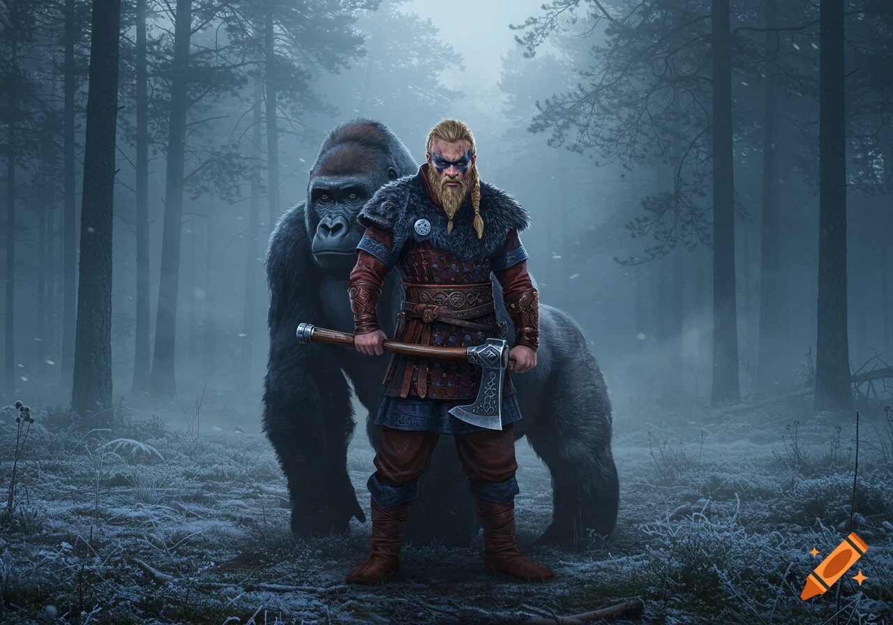 A viking warrior with an axe stands alongside a gorilla in a foggy, snowy forest, depicted in a realistic digital art style.