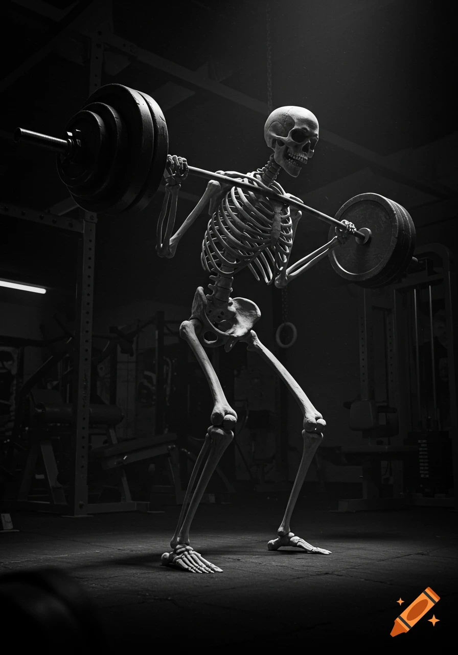 A photorealistic black and white image of a skeleton lifting a heavy barbell in a dimly lit gym.