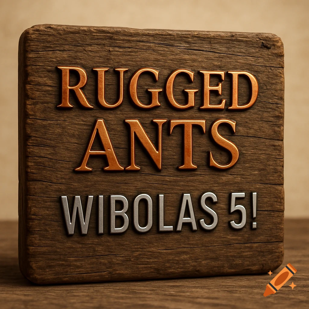 A close-up of a wooden plaque with shiny embossed metallic text reading 'RUGGED ANTS' and 'WIBOLAS 5!'