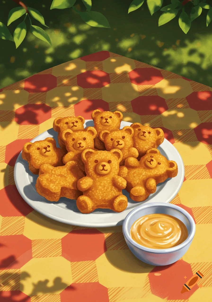An illustration of teddy bear-shaped chicken nuggets on a white plate with a side of dipping sauce, on a red and yellow checkered picnic blanket under dappled sunlight.