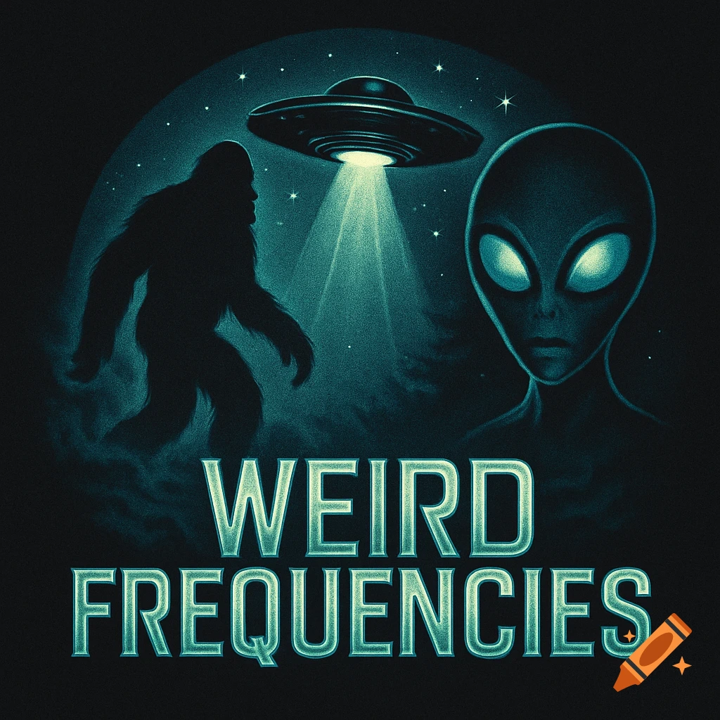 X-files style logo featuring a Bigfoot silhouette, a UFO with a beam, an alien head, and the text 'WEIRD FREQUENCIES' in dark teal.