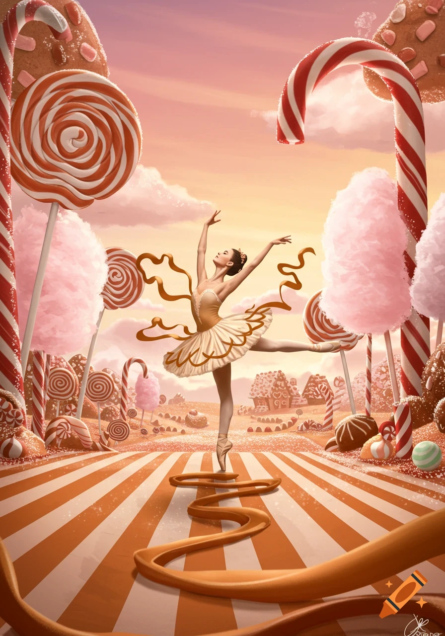 A graceful ballerina dances en pointe in a vibrant, whimsical candy land with lollipops, candy canes, and gingerbread houses.