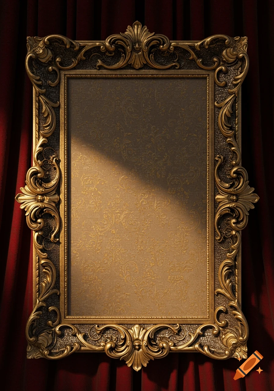 Ornate golden frame with intricate carvings on a red velvet curtain, illuminated by a sunbeam.