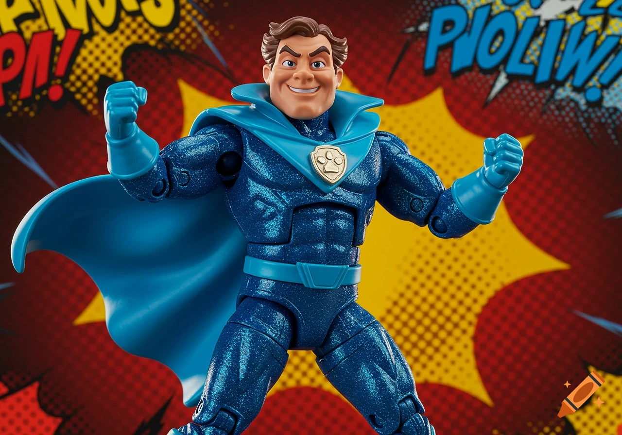 An action figure of Mayor Humdinger as a muscular superhero in a blue glittery suit, light blue cape, and light blue gloves, smiling with fists raised against a comic book-style background with speech bubbles.