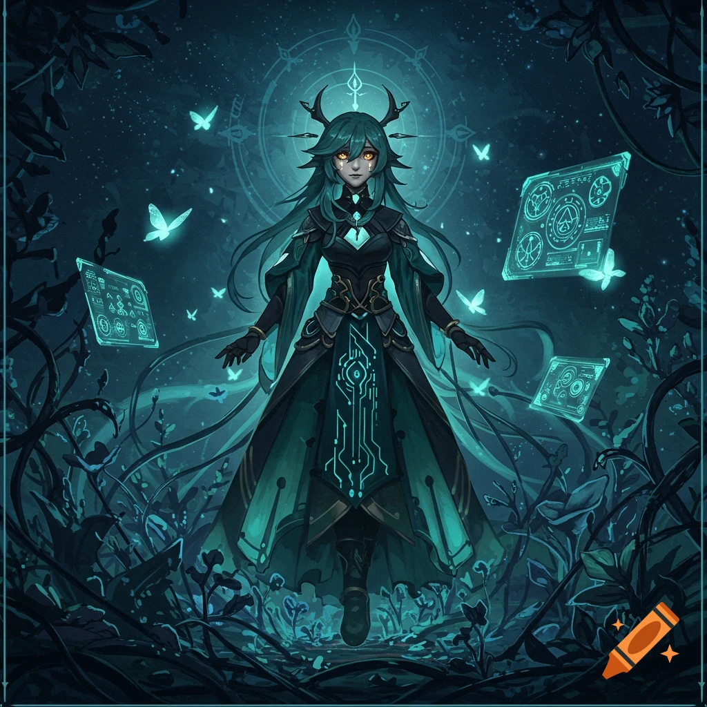 A teal-haired fantasy character with horns and glowing eyes in a dark ...