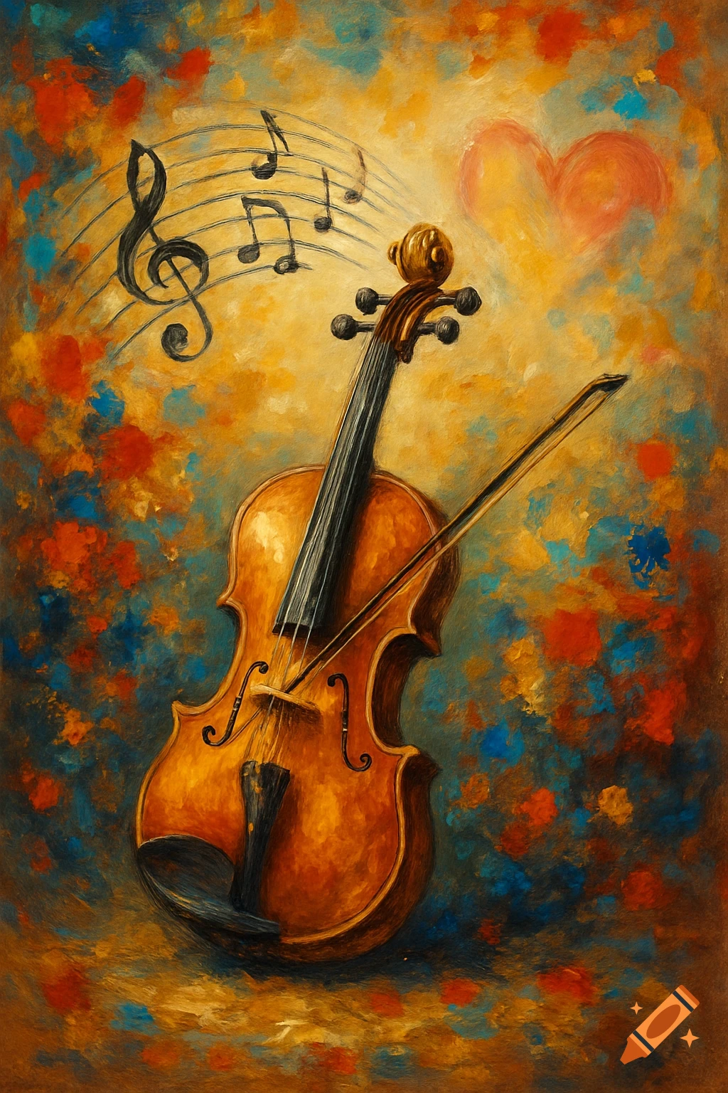 Abstract oil painting of a violin and bow with musical notes, a treble clef, and a heart on a colorful background.