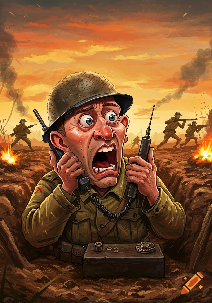 Caricature of a terrified soldier in a trench calling for backup, with enemies and explosions in the background under an orange sky.