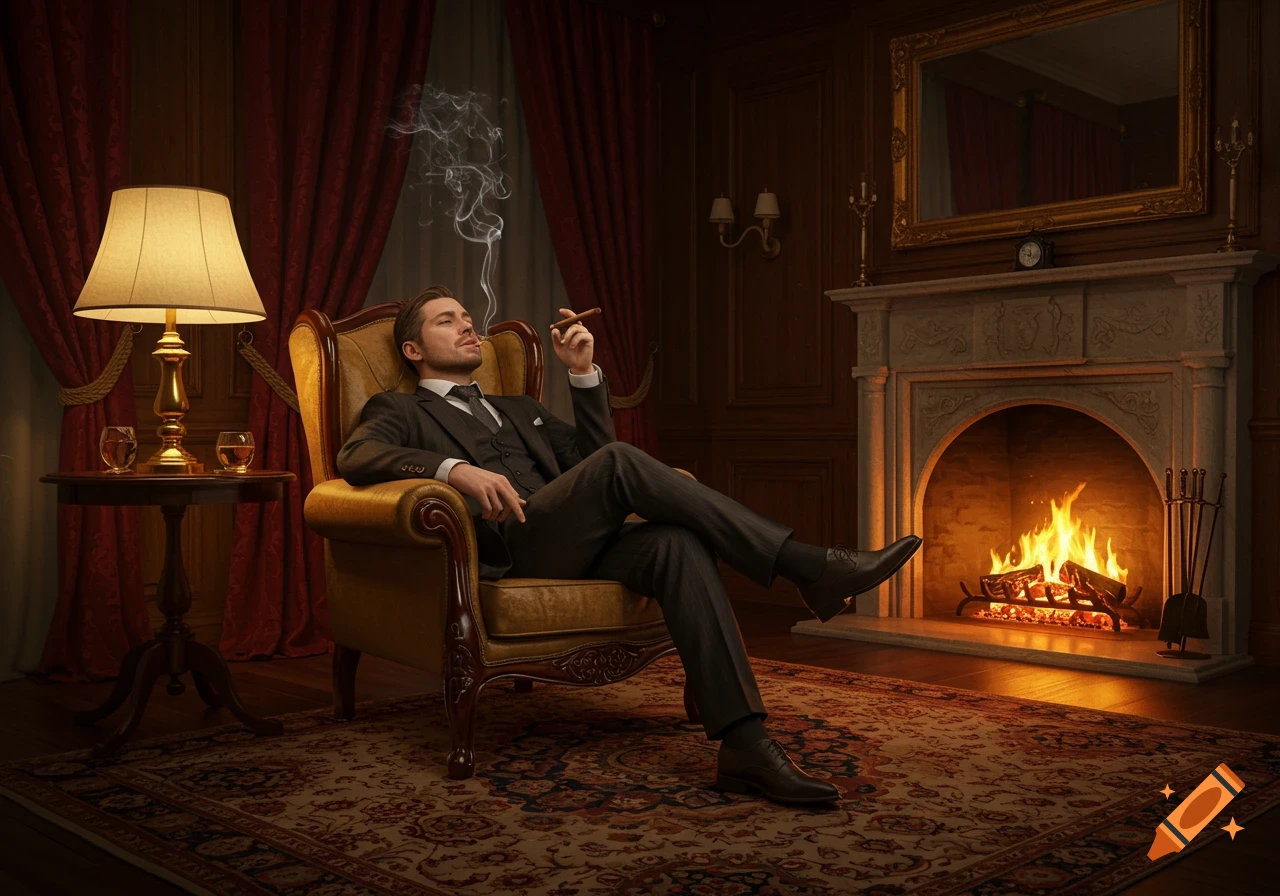 A well-dressed man relaxes in an armchair, smoking a cigar by a roaring fireplace in a luxurious, dark wood room.