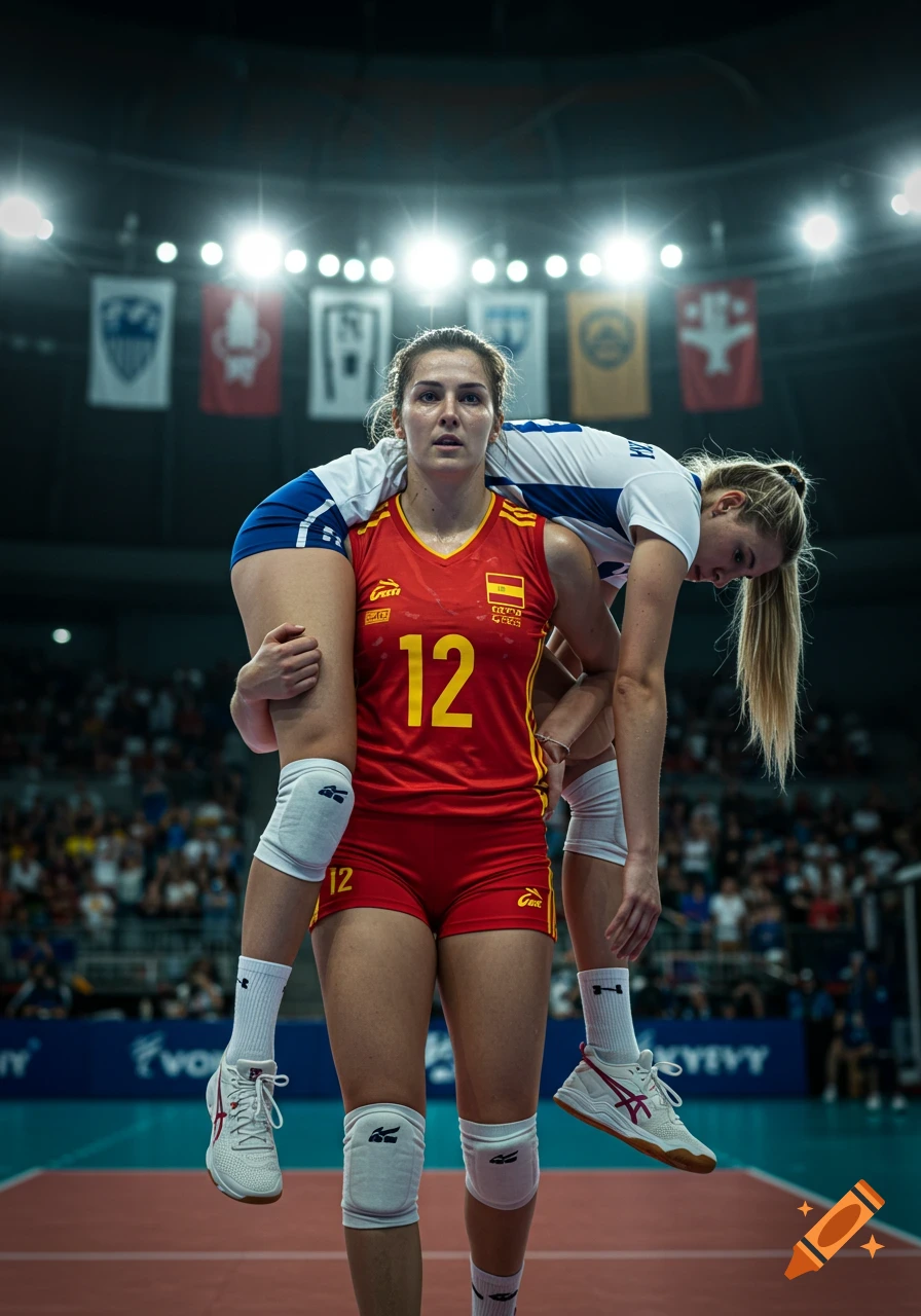 A female Spanish volleyball player in red carries a Finnish teammate on her shoulders in a brightly lit indoor stadium.
