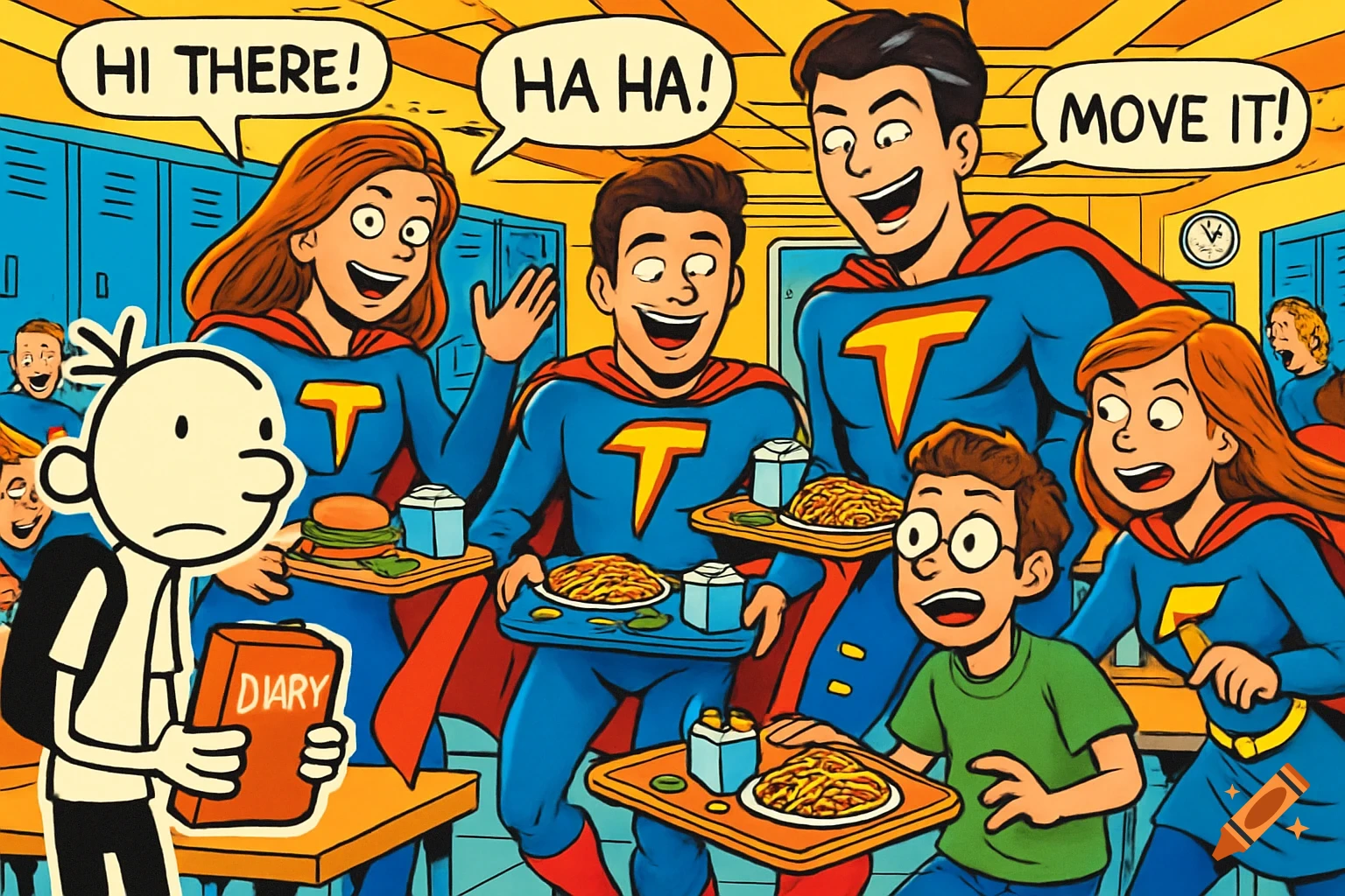 A cartoon image shows the Diary of a Wimpy Kid character in a school cafeteria, looking sad as a family of superheroes in blue and red costumes laugh and talk around him.