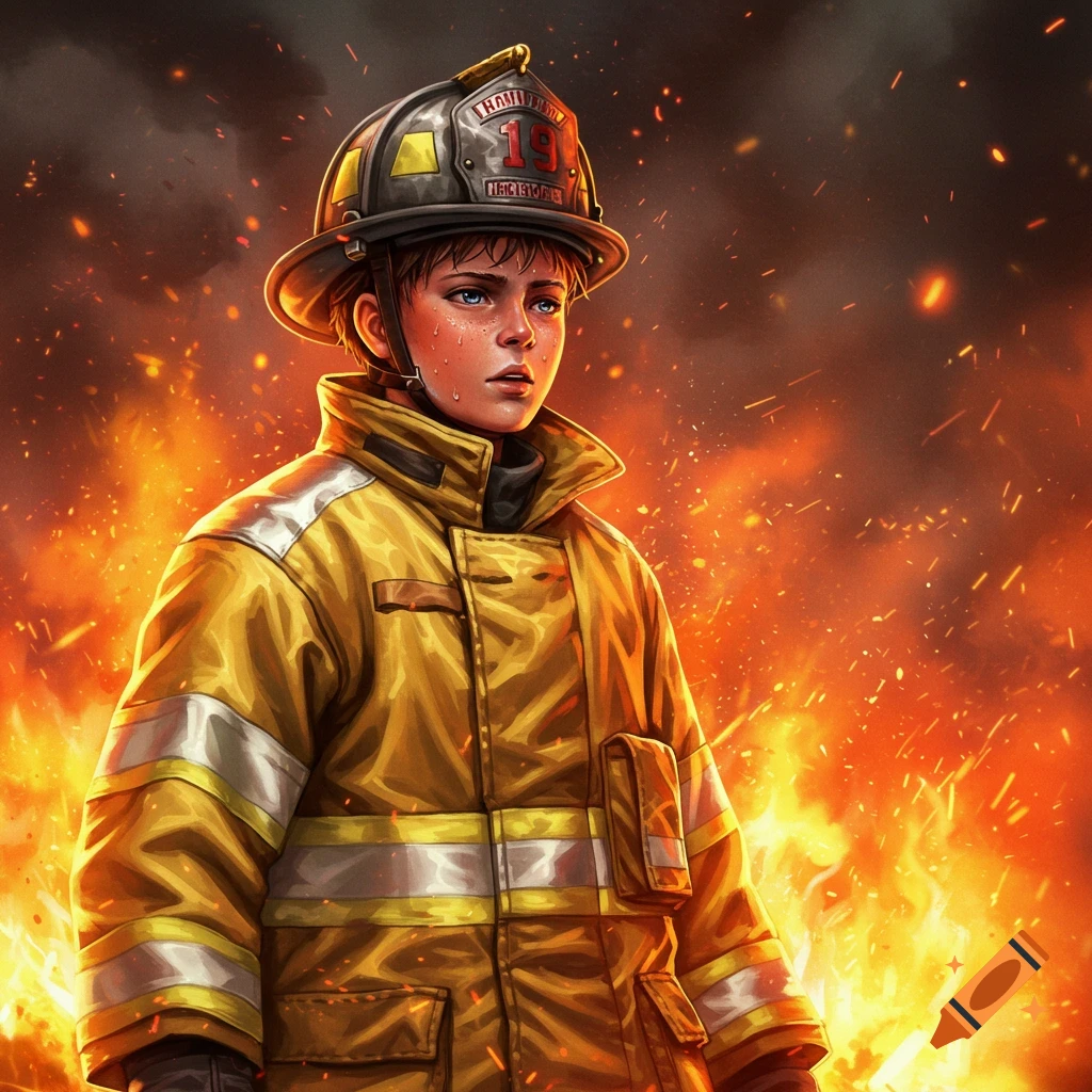 A solemn youth in a yellow firefighter uniform and helmet stands with fire and smoke in the background, in an illustrative style.