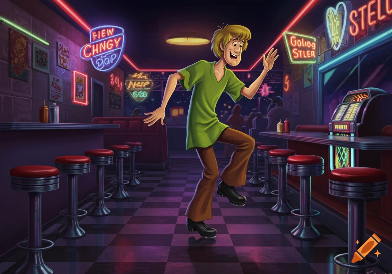 Shaggy tap dancing in a vibrant, retro diner with neon signs and checkerboard floor.