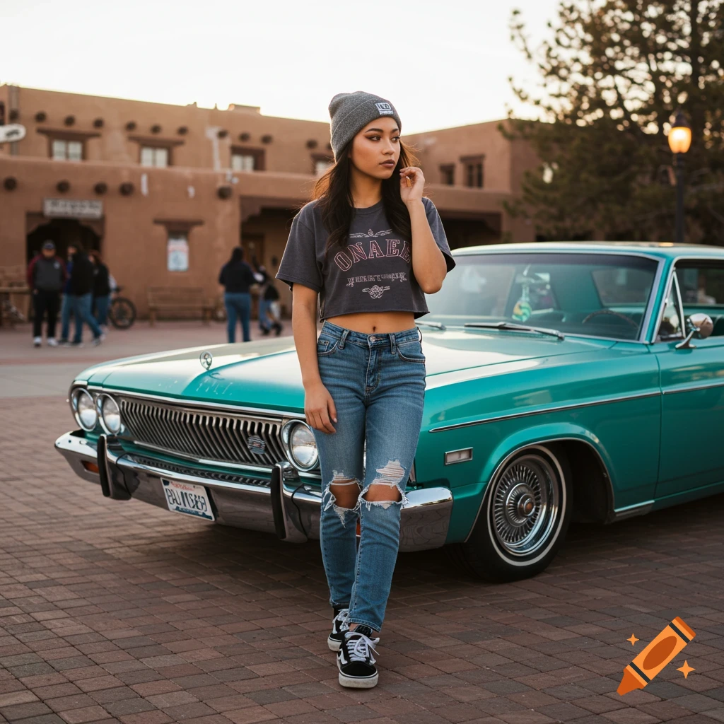 A young woman in ripped jeans, a crop top, and a beanie stands thoughtfully in front of a teal classic car on a brick plaza.