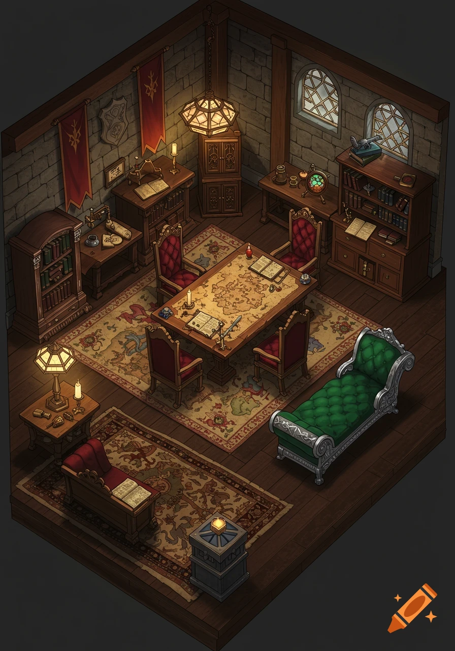 Isometric view of a fantasy study or war room with a large map table, ornate chairs, bookshelves, a chaise lounge, and medieval-style furniture, rendered in a detailed illustration style.
