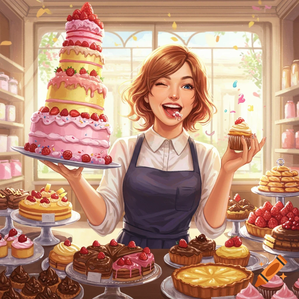A cheerful baker winks and holds a tall tiered cake and a cupcake, surrounded by various pastries in a bright bakery.