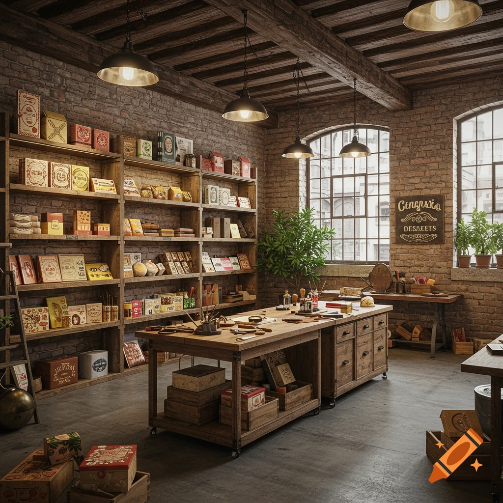 Photorealistic image of a vintage loft-style confectionery store with wooden shelves, an island workbench, and brick walls.