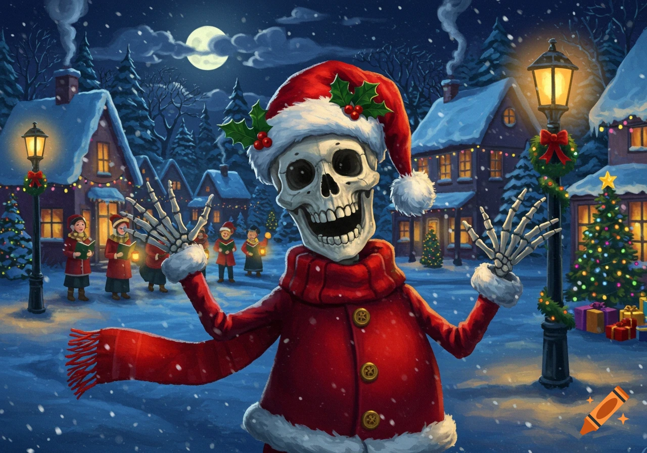 A smiling skeleton in a Santa hat and red sweater waves in a snowy Christmas village with carolers and twinkling lights.