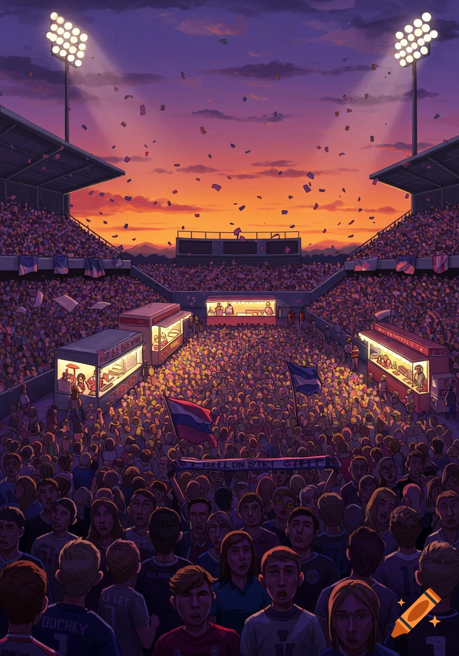 An overhead view of a packed stadium during sunset, with floodlights, food stalls, and confetti falling over a cheering crowd holding flags and a banner.