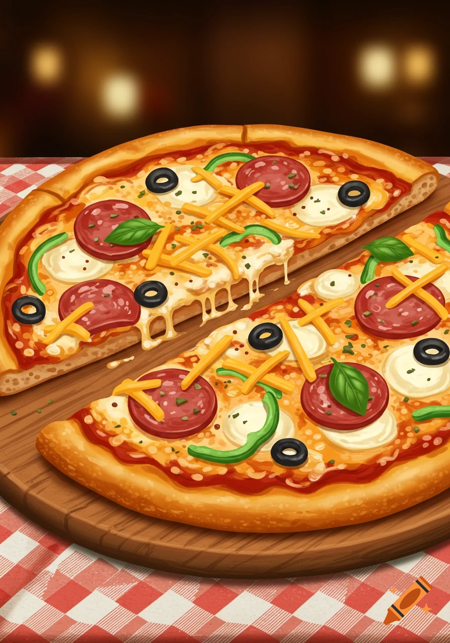 Stylized pepperoni pizza with olives, green peppers, mozzarella, and yellow stick-like toppings, on a wooden board with a red and white checkered tablecloth.