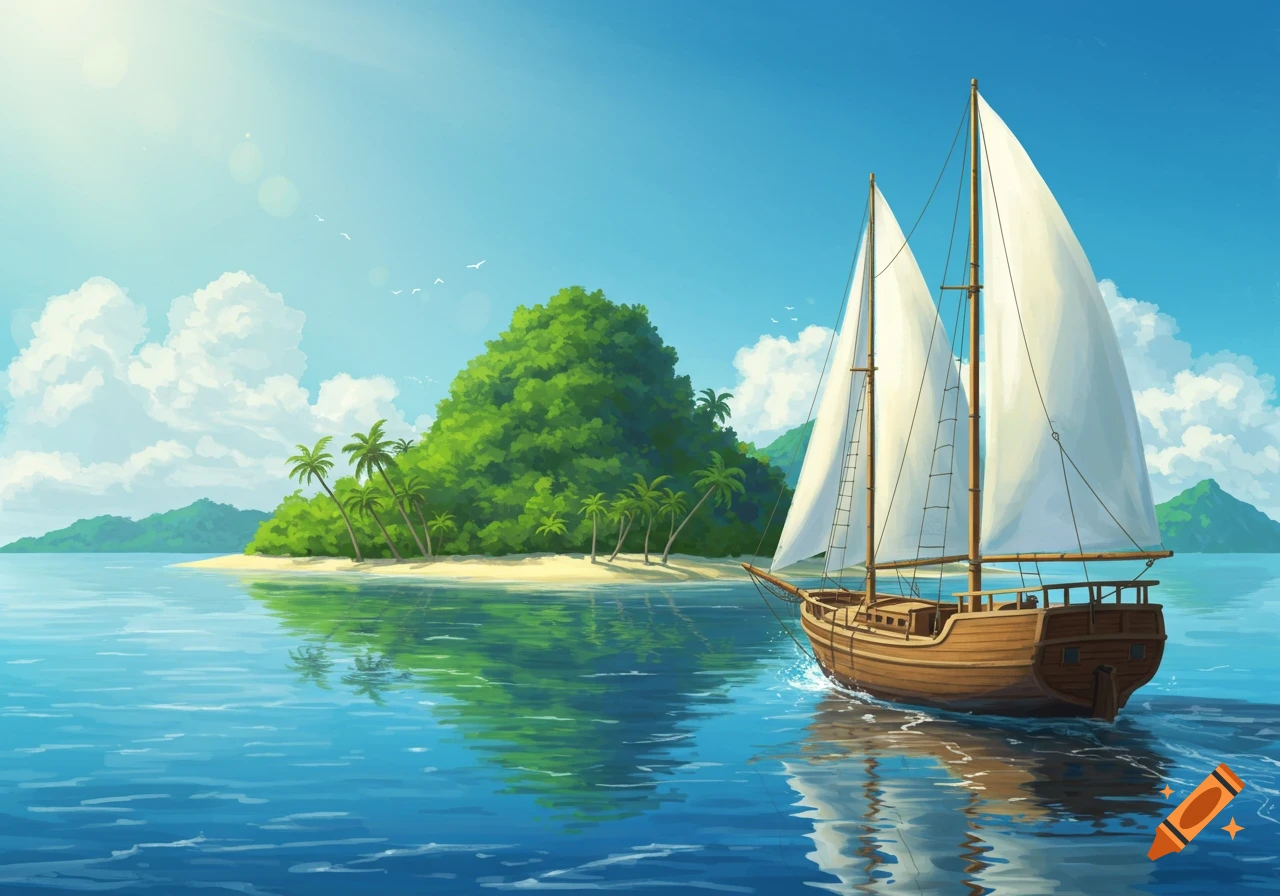 A two-masted wooden sailboat sails on calm blue water, passing a lush green tropical island with sandy beaches and palm trees under a clear blue sky, in an illustration style.