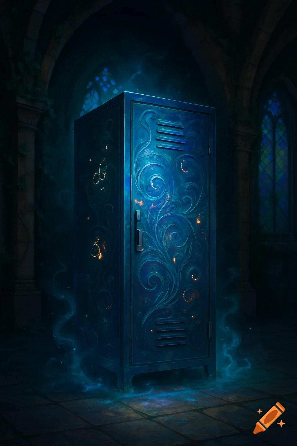 A magical, ornate blue locker glows with blue energy in a dark, gothic-style room with stained glass windows.