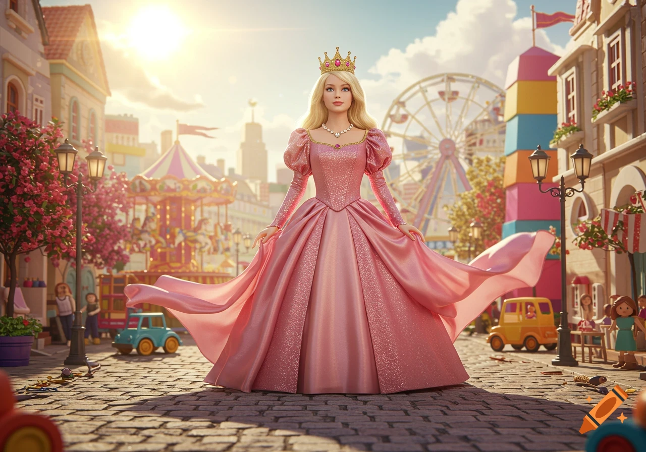 A blonde Barbie-like princess doll in a sparkling pink gown and gold crown stands on a cobbled street in a vibrant, sunlit toy city.