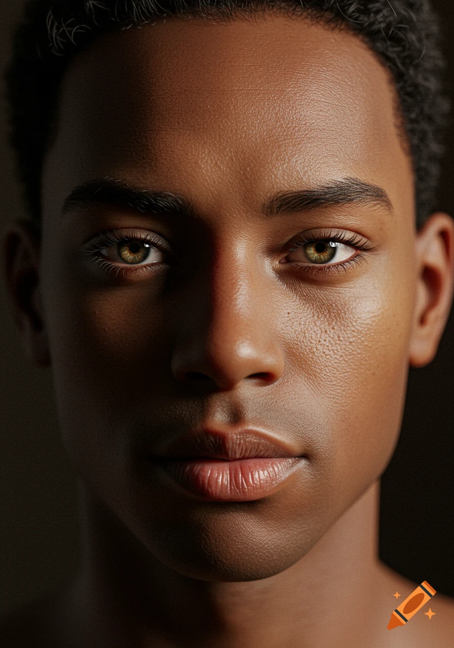Close-up photorealistic portrait of a person with dark skin and light green eyes, looking directly at the viewer.