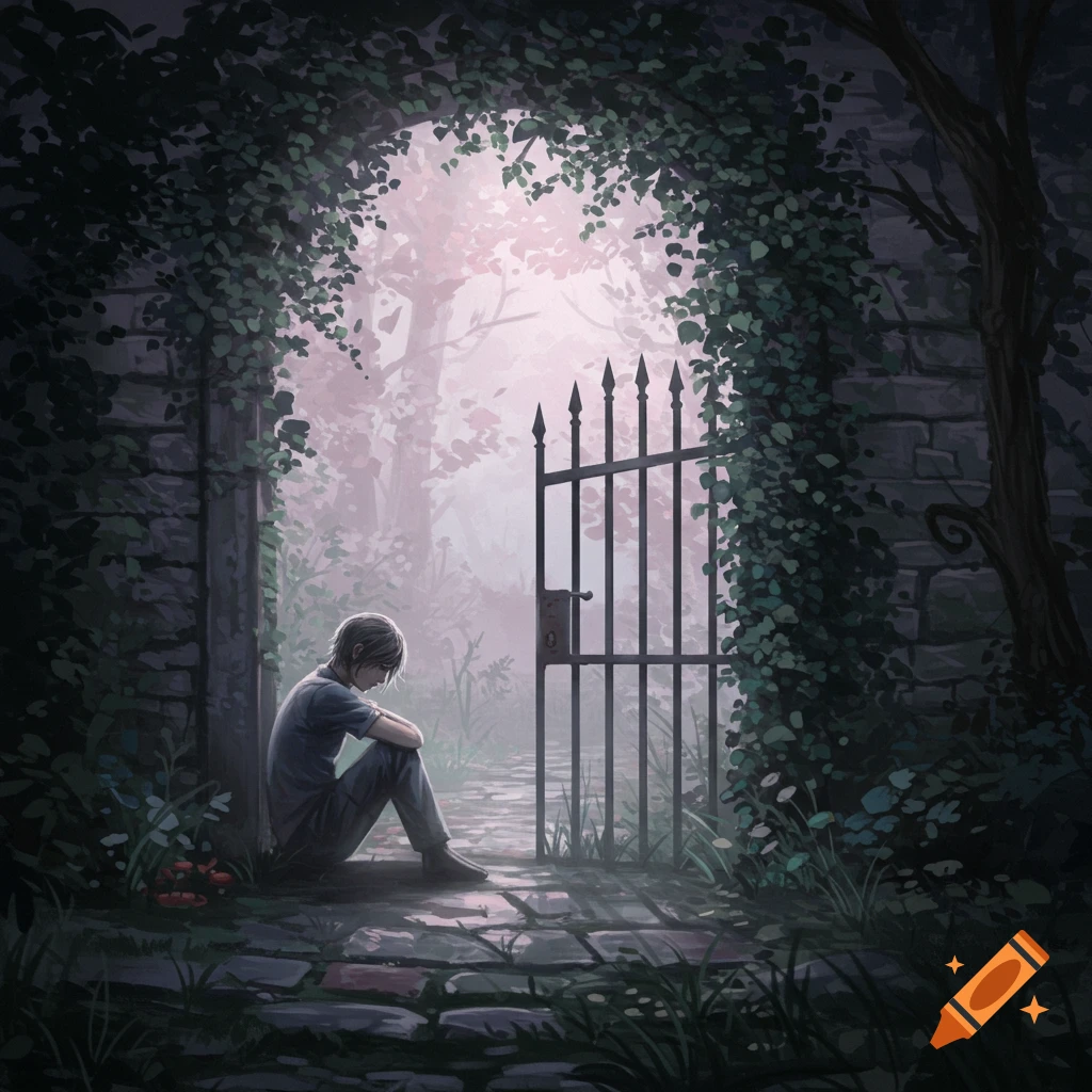 An anime-style illustration of a sad figure sitting by an ornate gate in an overgrown, misty garden, bathed in soft light.