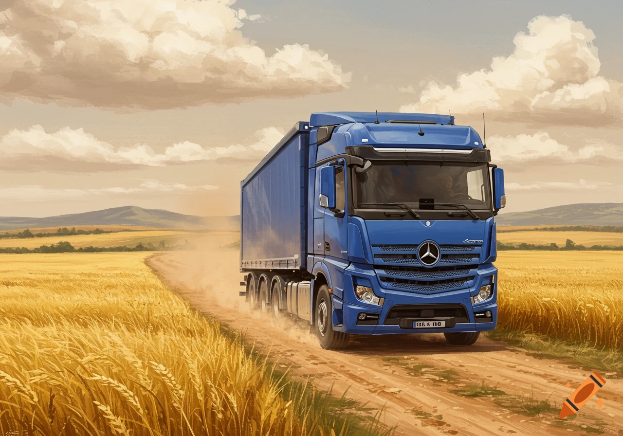A blue Mercedes truck drives on a dirt road through a golden wheat field under a cloudy sky, in a painted style.
