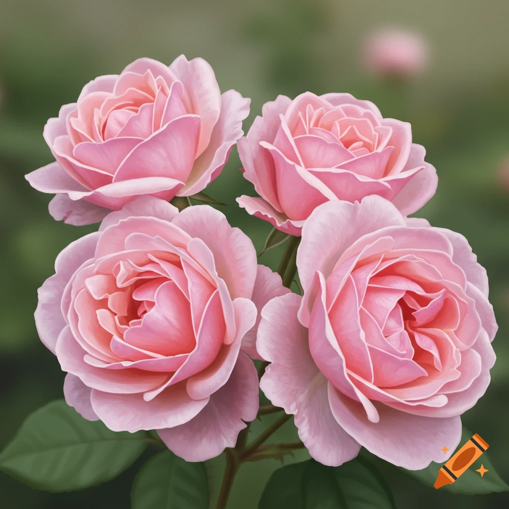 Close-up of four vibrant pink roses with a blurred green background.