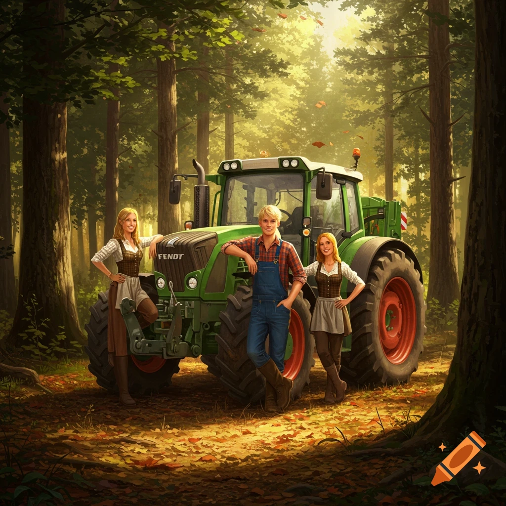 A man and two women in traditional attire pose with a green Fendt tractor in a sunny forest, rendered in a detailed illustration style.
