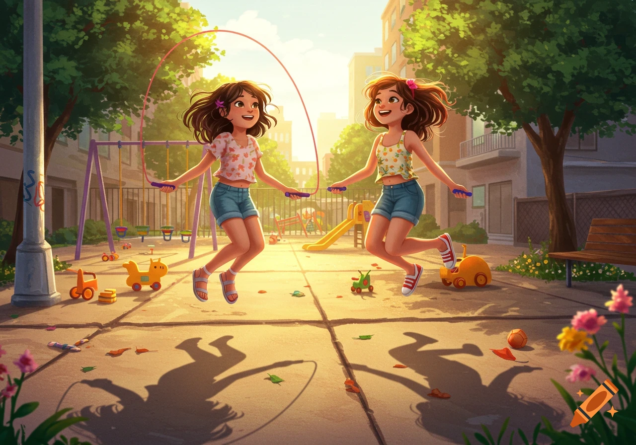 Two smiling cartoon girls jump rope in a sunny park playground.