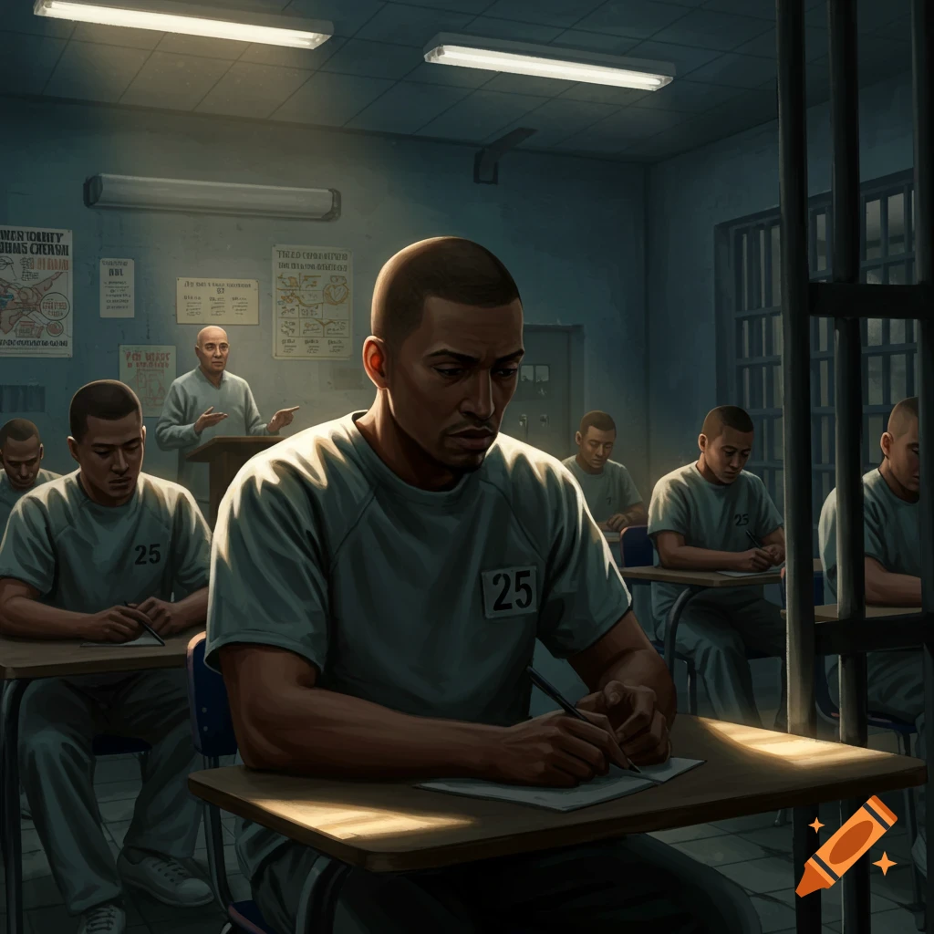 An illustration of male inmates in light blue uniforms, some with "25" on their shirts, sitting at desks in a dimly lit classroom, while an instructor speaks at the front.