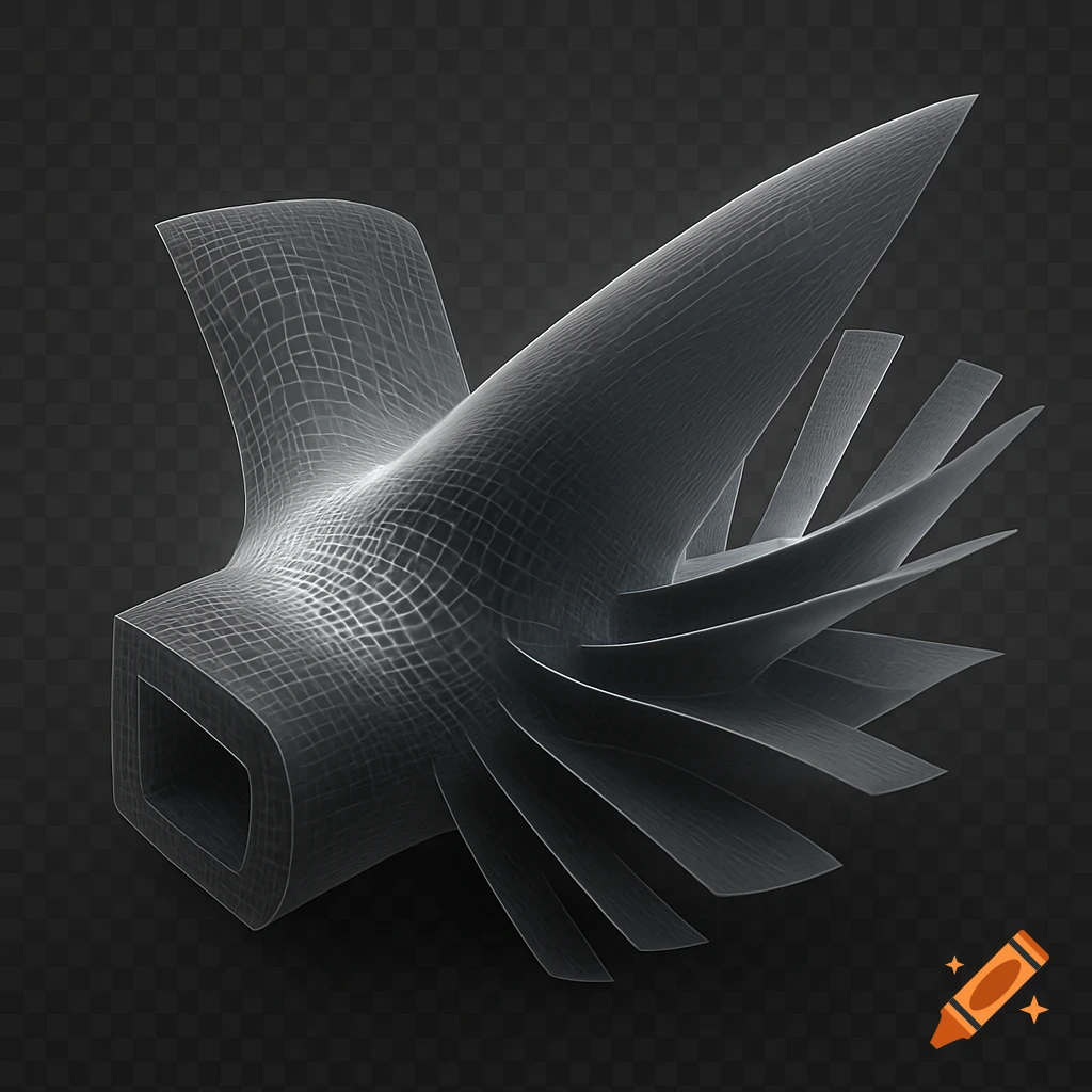 A detailed perspective view of a turbine blade with a fine adaptive mesh on its surface, set against a transparent background.
