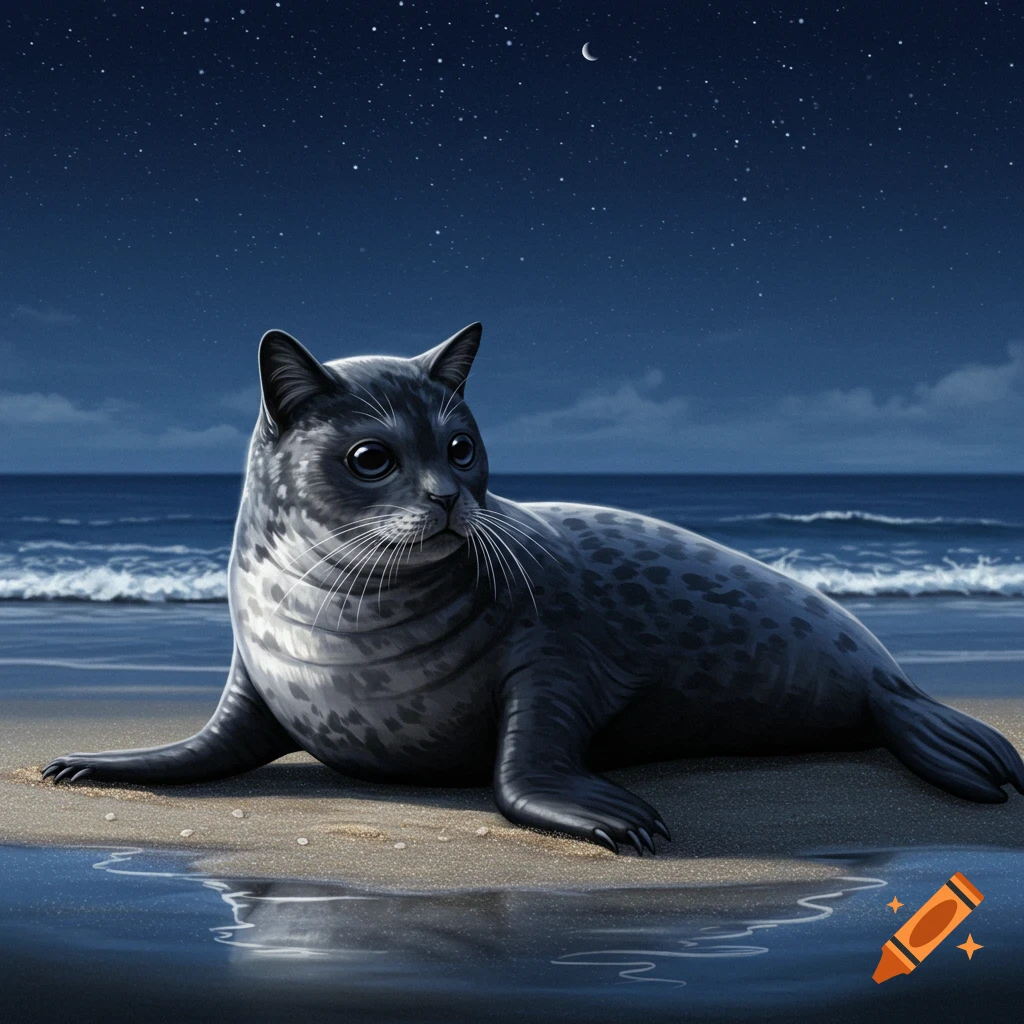 A grey cat-seal hybrid sits on a sandy beach at night, with the ocean and a starry sky in the background.