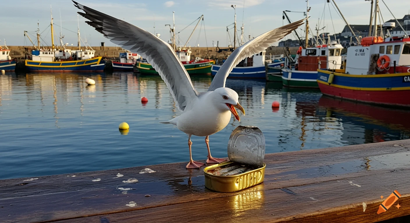 A seagull with spread wings looks at an open sardine tin on a wet wooden dock, with colorful fishing boats in a harbor background.