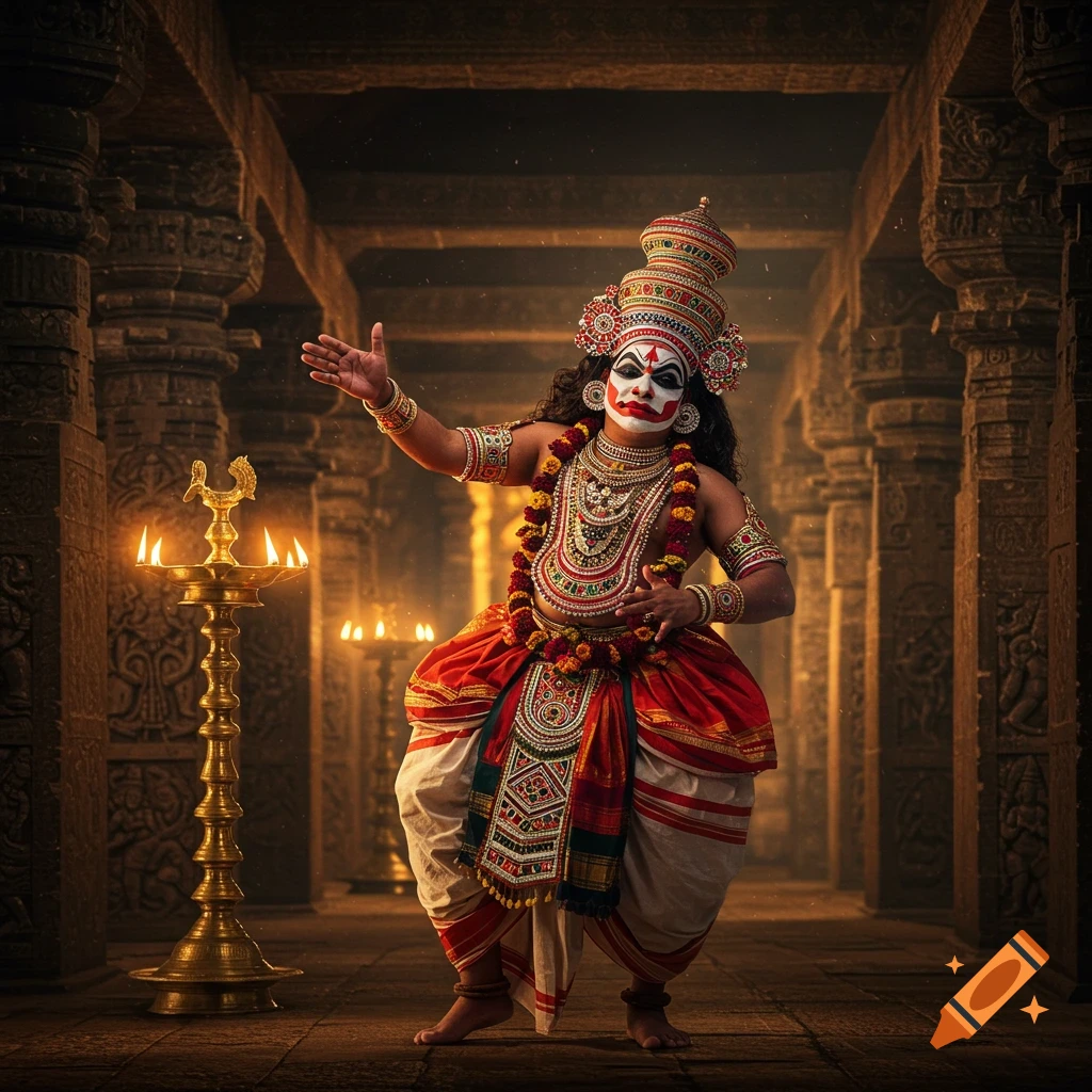 A male performer in vibrant Chakyar Koothu attire and elaborate facial makeup poses inside a dimly lit Kerala temple.