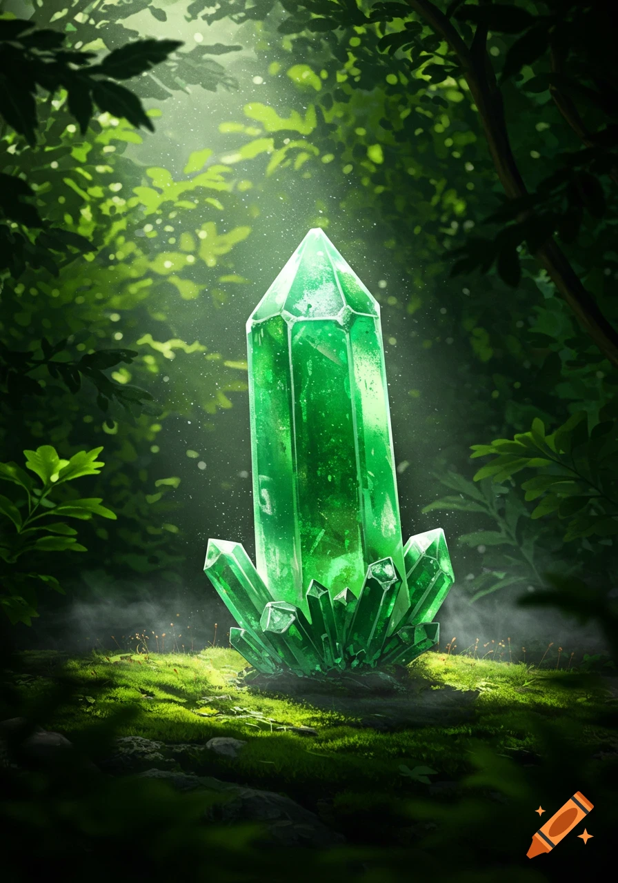 A large, glowing green crystal surrounded by smaller crystals rests on a mossy forest floor, with sunlight filtering through lush green trees.