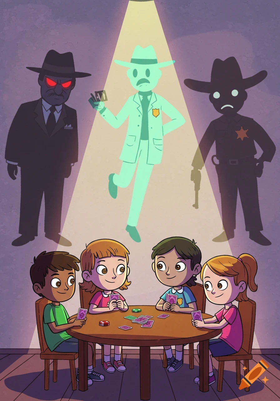 Four diverse children play cards at a table, while their shadows on the wall above show a menacing mafia man, a ghost doctor, and a sheriff with a gun in a cartoon style.