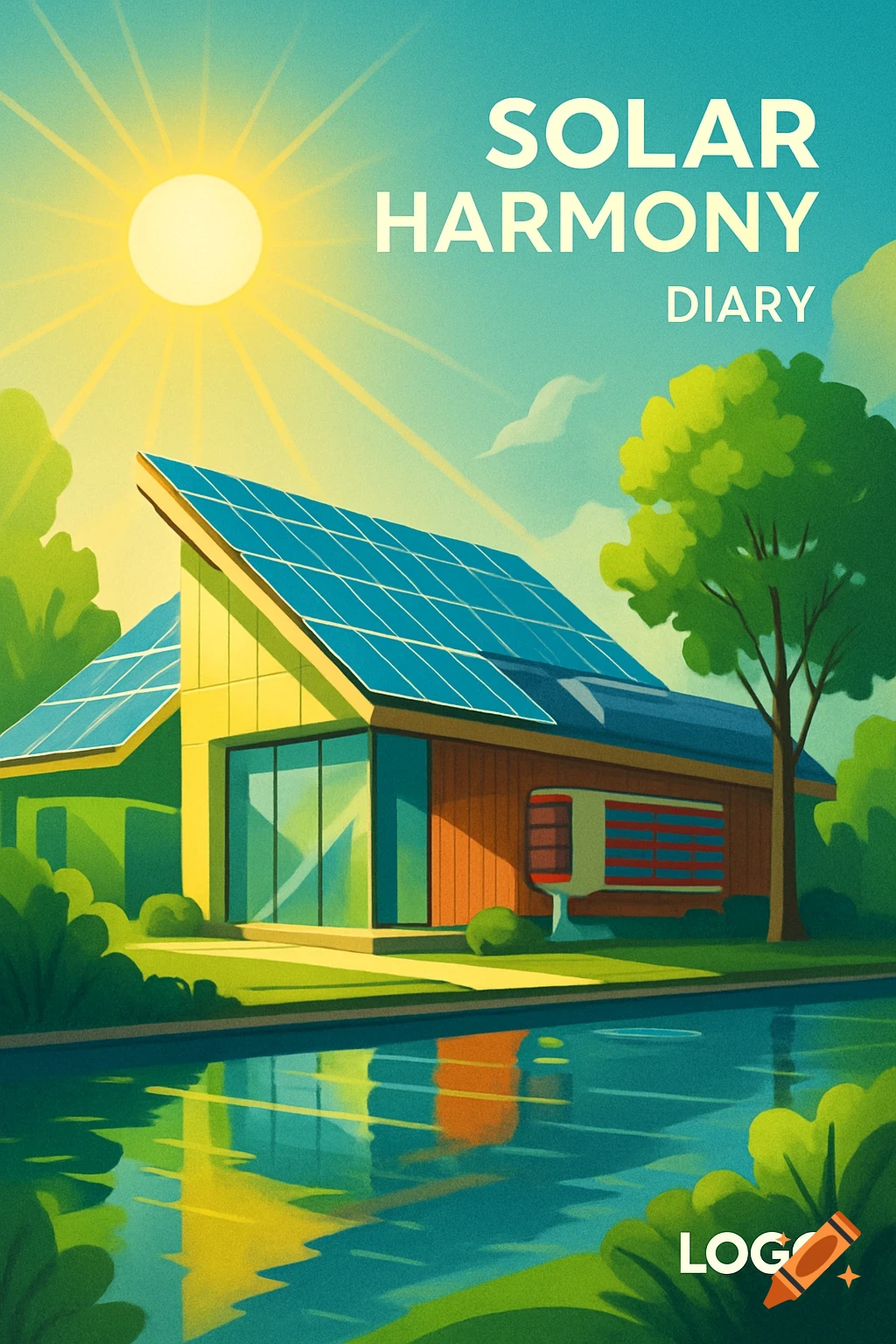 Vibrant illustration of a modern eco-building with solar panels reflecting in water, under a bright sun. Text: SOLAR HARMONY DIARY.