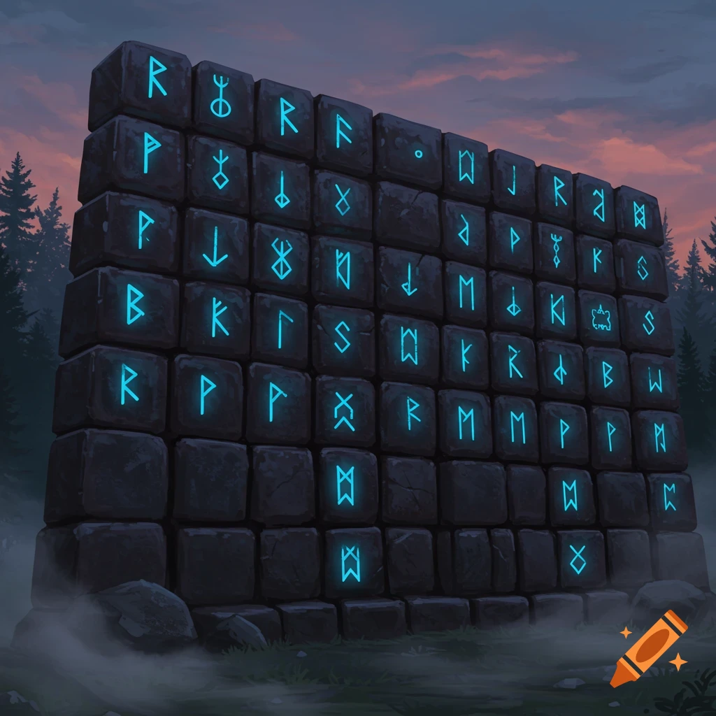 A large dark stone wall covered in glowing blue runes stands against a twilight sky with dark trees and mist.