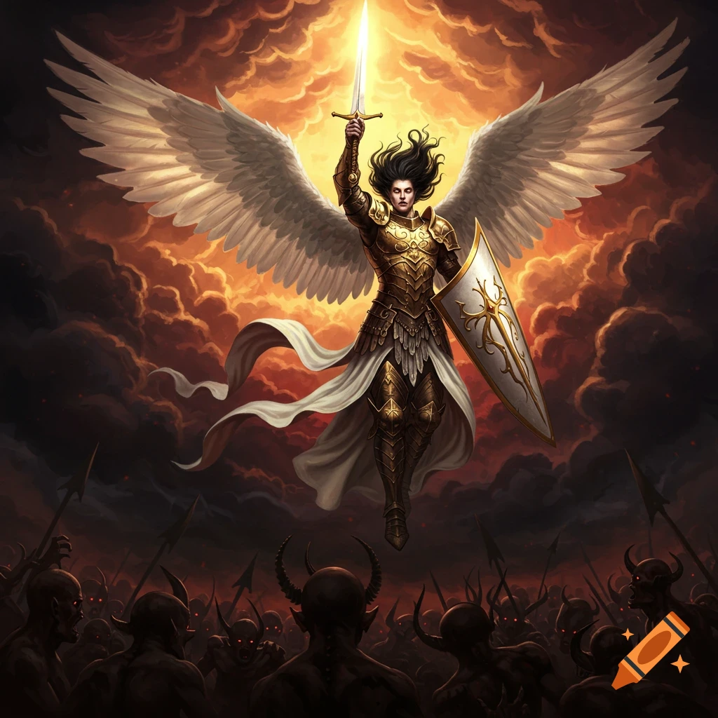 Angel with white wings and golden armor flies above demons, holding a glowing sword and shield against a fiery, dark sky.