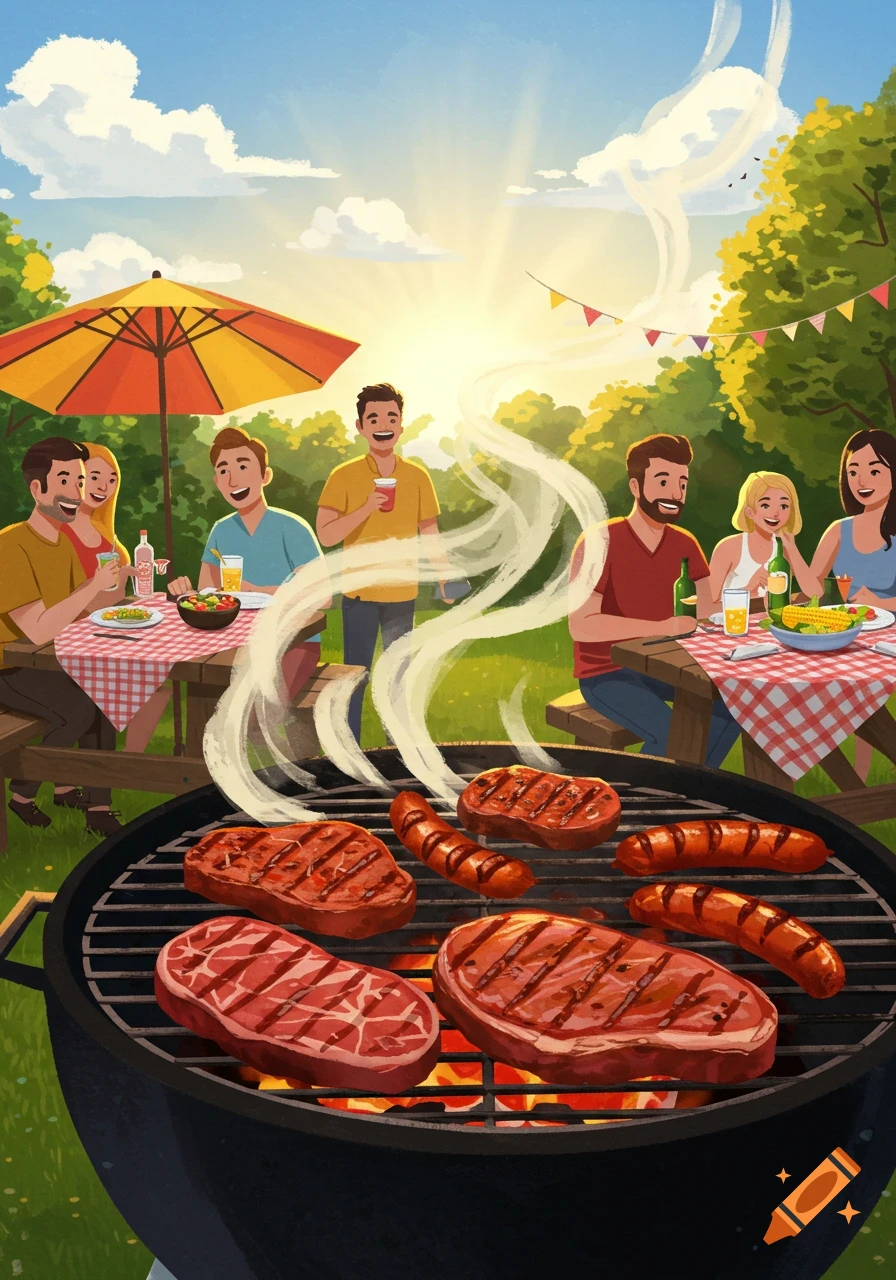 An outdoor barbecue party illustration with people gathered around picnic tables and steaks and sausages cooking on a grill.
