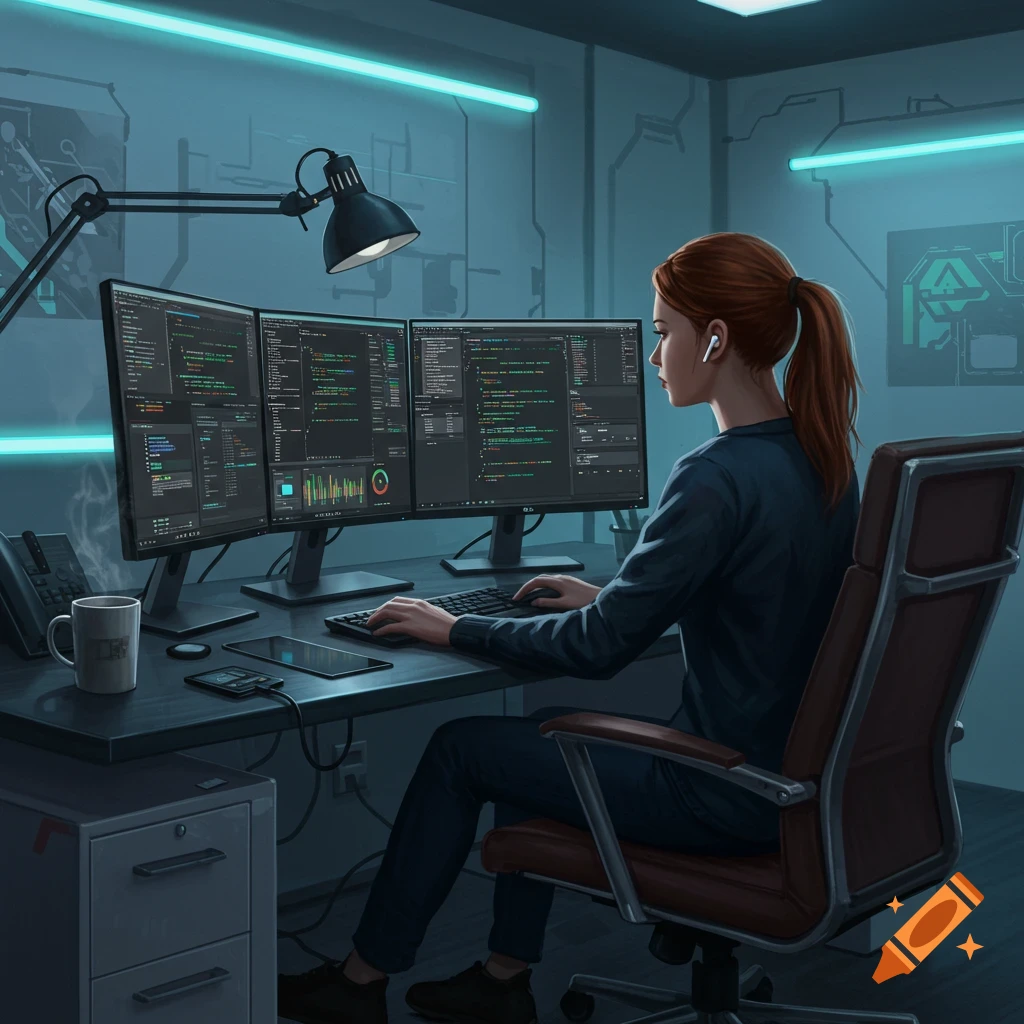 A woman with red hair in a ponytail works on two computer monitors displaying code in a dimly lit, futuristic office with neon lights.