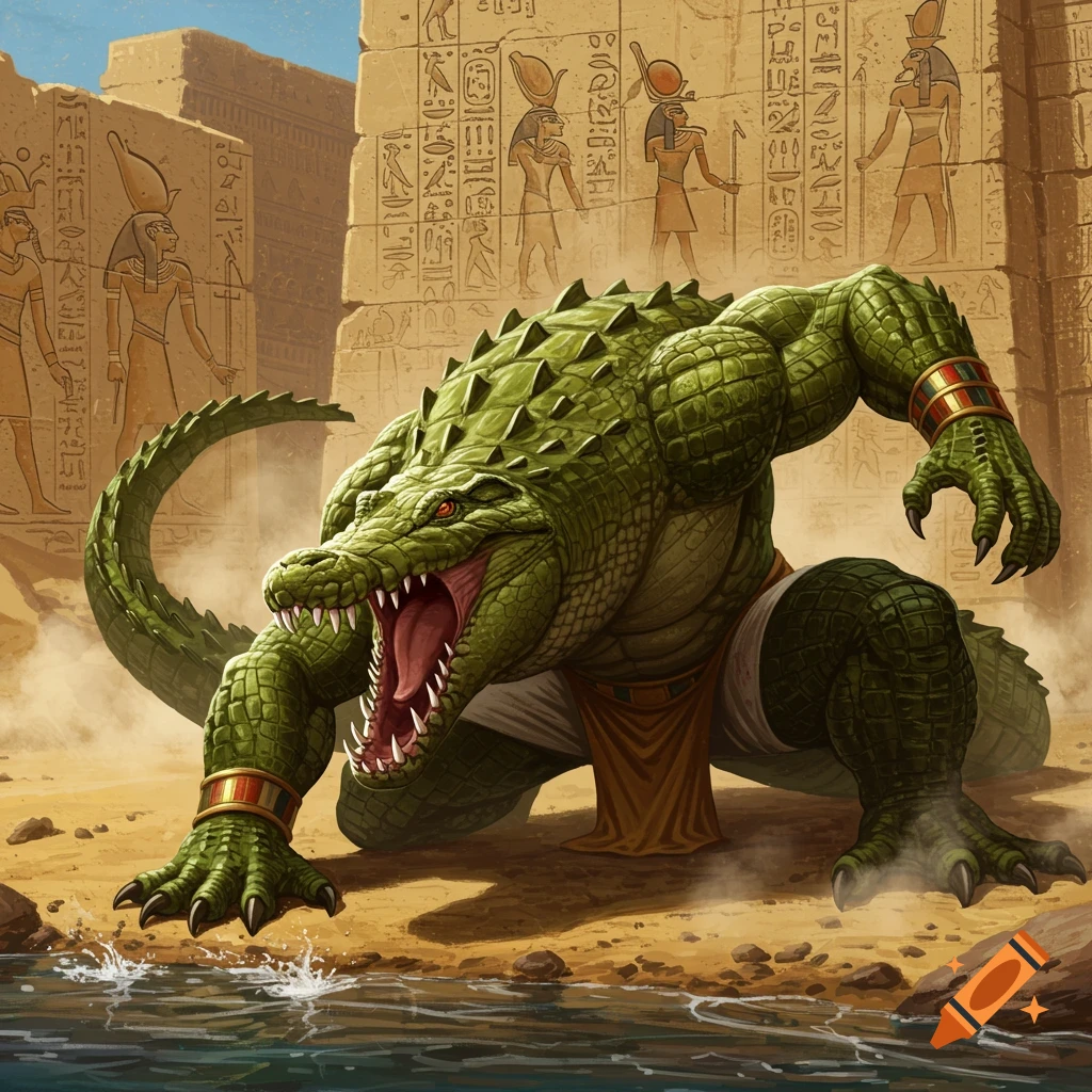 A muscular, anthropomorphic green crocodile god (Sobek) with red eyes crouches aggressively by a body of water in front of ancient Egyptian temple ruins with hieroglyphs, in a detailed digital painting style.