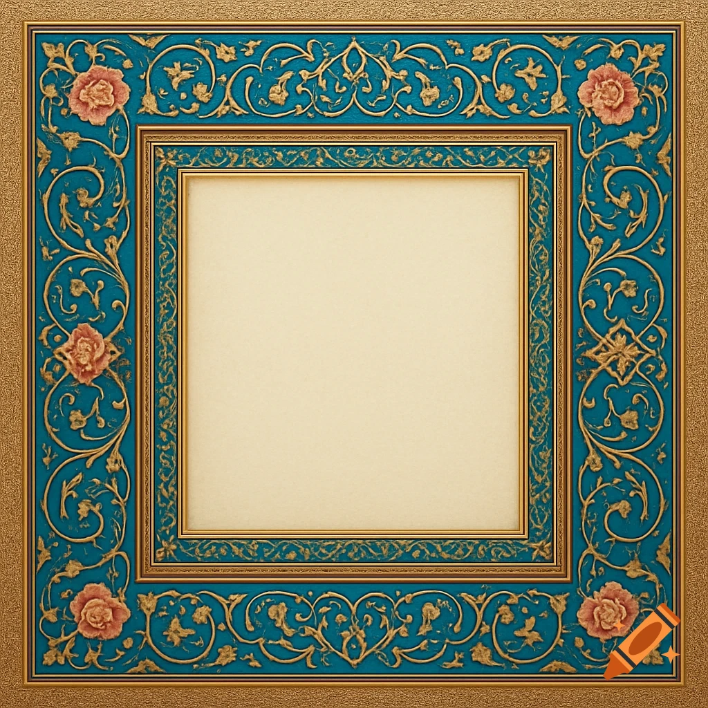 An ornate Persian picture frame with gold, turquoise, and pink floral patterns on a textured background and a blank center.