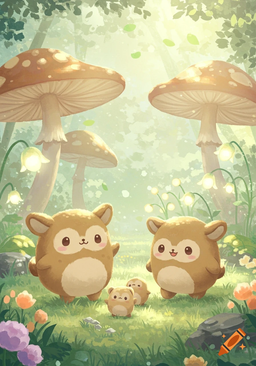 Cute, round, brown Chiikawa-like creatures in a magical forest with large mushrooms and glowing flowers, illustration.